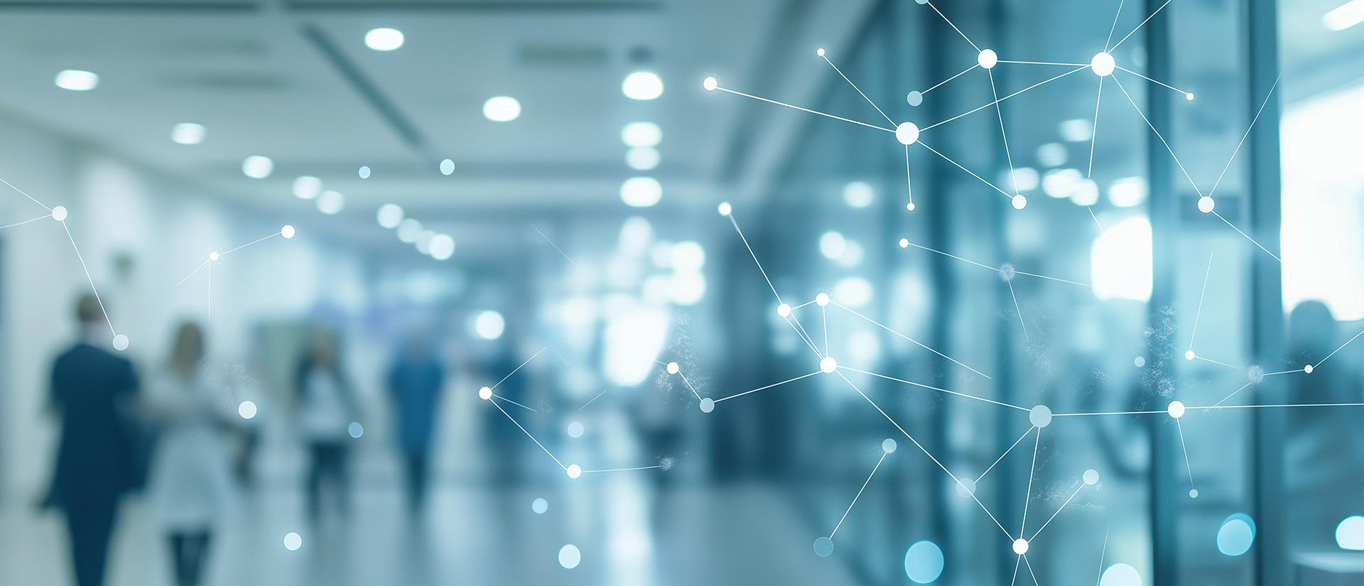 A faded out corridor with business people walking on both sides; overlaid with interconnected dots and lines